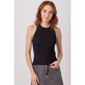 "Route 66" Halter Neck Ribbed Tank in Black